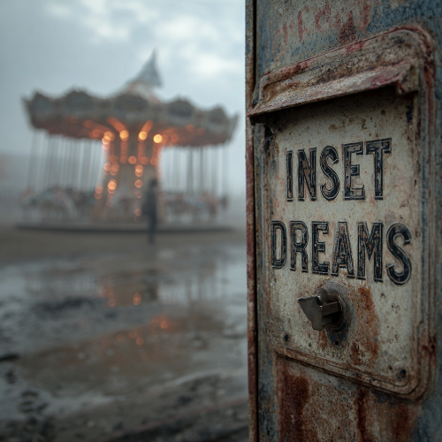 Rust-covered sign with 'INSET DREAMS' text in front of a blurred carousel on a foggy day to stop procastinating dreams