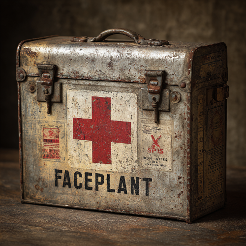 Vintage first aid kit with a red cross and 'Faceplant' text for letting people fail