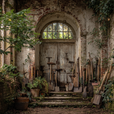Abandoned building with tools and plants inside and obstacles in front