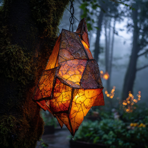 Decorative leaf-shaped lantern hanging from a tree in a misty forest pieced together in vulnerability
