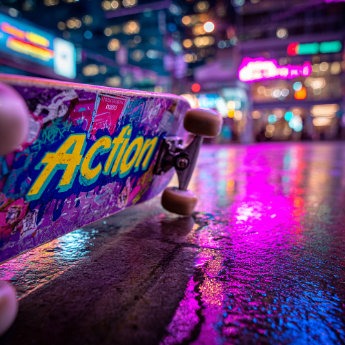 Skateboard with 'Action' branding on a wet street at night, neon lights in the background stopping Procrastination