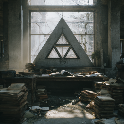 Room with large window, table with books, and the relationship triangular symbol 