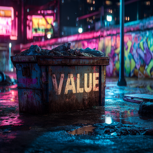 Dumpster with 'VALUE' illuminated in a neon-lit urban setting reminding to dealing with rejection