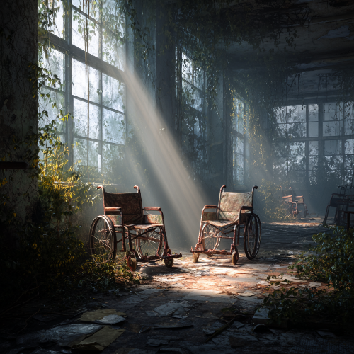 Facing Your Pain in an abandoned space with overgrown wheelchairs and sunlight streaming through windows.