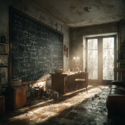 Inside the magic in an Abandoned room with a chalkboard filled with equations, a desk, and large windows letting in light.