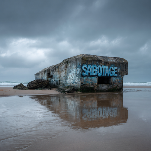 Abandoned concrete structure on a beach with 'Sabotage' spray-painted on it, under a cloudy sky reminding to hack your brain and stop self-sabotage
