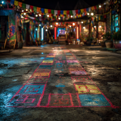 Colorful geometric patterns on a wet ground with blurred background of lights and decorations, illustating how atomic habits small steps make a big change