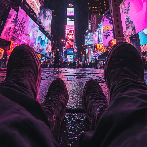 Person sitting with feet up on a street in Times Square, New York City, with colorful billboards in the background.