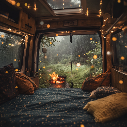Interior of a van with a fire pit outside, surrounded by nature.