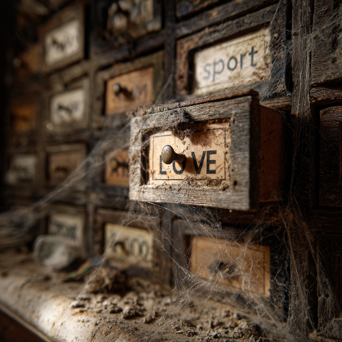 Vintage wooden drawer labeled 'LOVE' with spider webs and dust, evoking an old, abandoned feel.