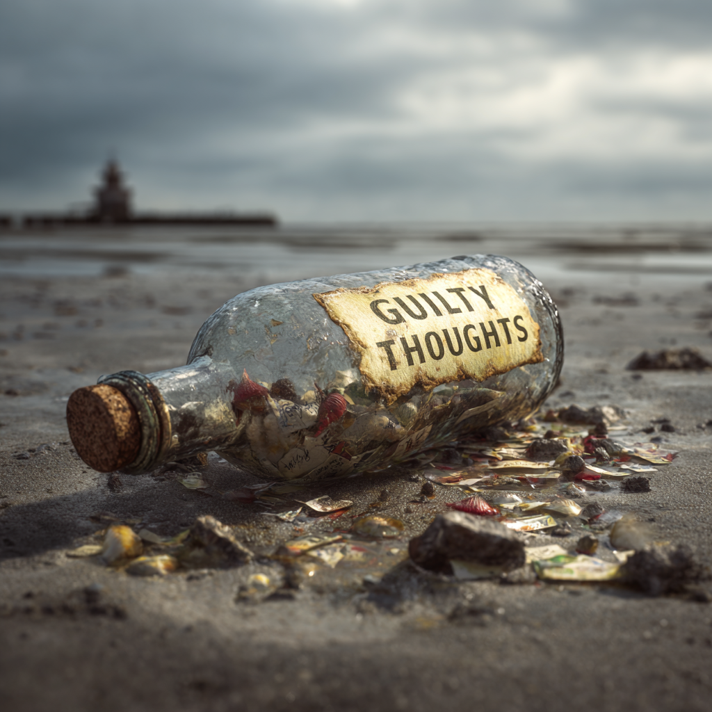 Glass bottle with 'Guilty Thoughts' label on a beach