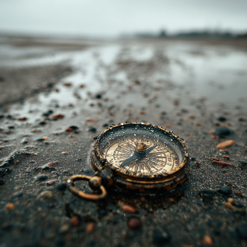Vintage compass on a wet beach with a blurred background