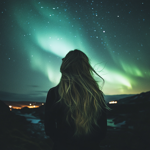 Person with long hair standing under a night sky with the Northern Lights.