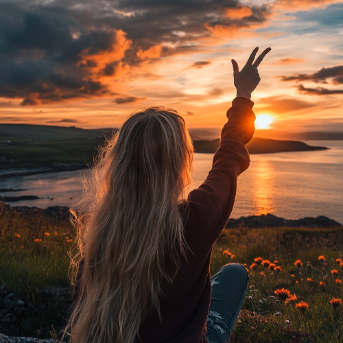Person sitting on a grassy hill with a sunset over water, making a peace sign.