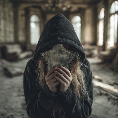 Person wearing a hoodie in an abandoned building with a starshaped mirror