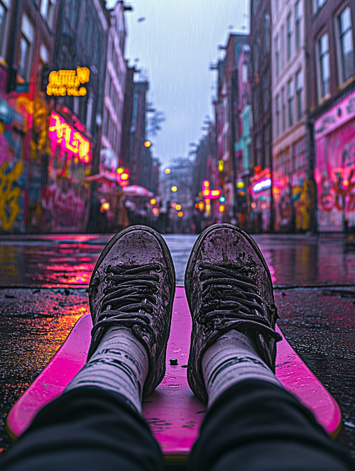 Person wearing black sneakers on a pink skateboard with a city street and neon lights in the background