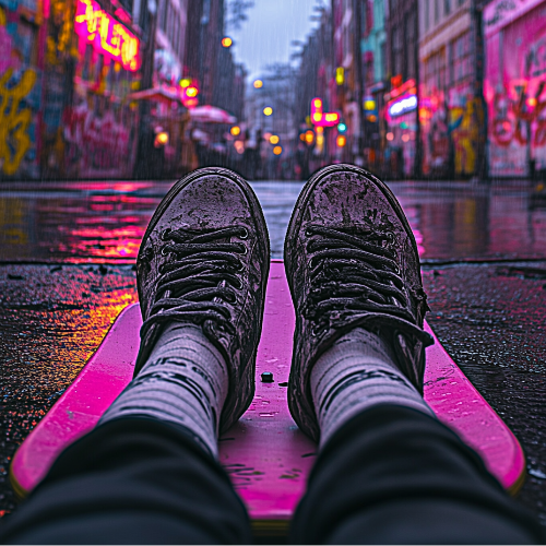 Person wearing black shoes and gray socks on a pink skateboard with a neon-lit street in the background