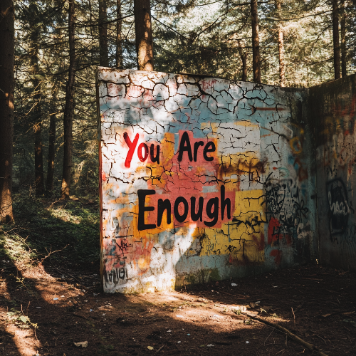 Graffiti on a wall in a forest with the phrase 'You Are Enough'.