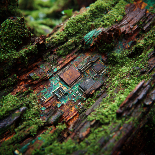Microcontroller on a moss-covered wooden surface