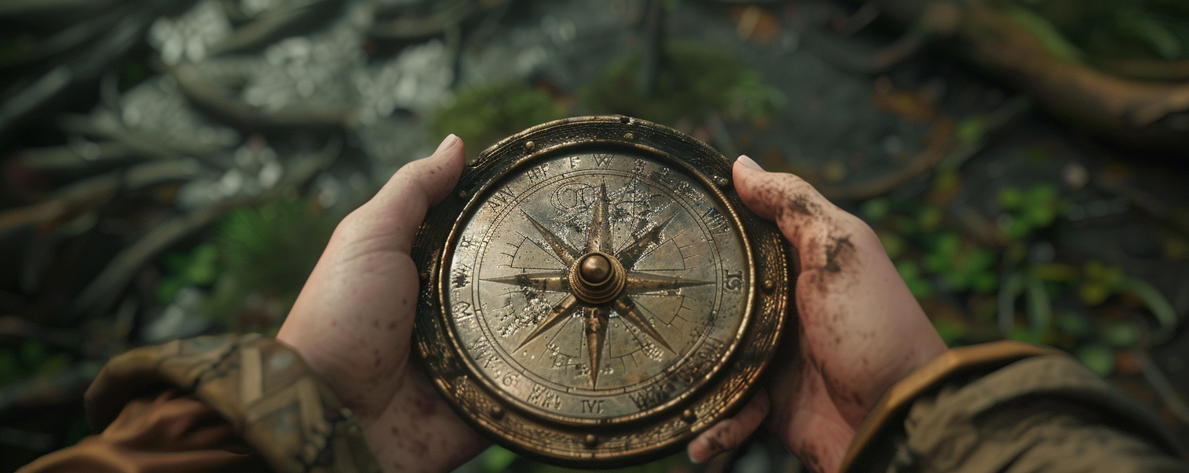 Person holding a compass in a forest setting